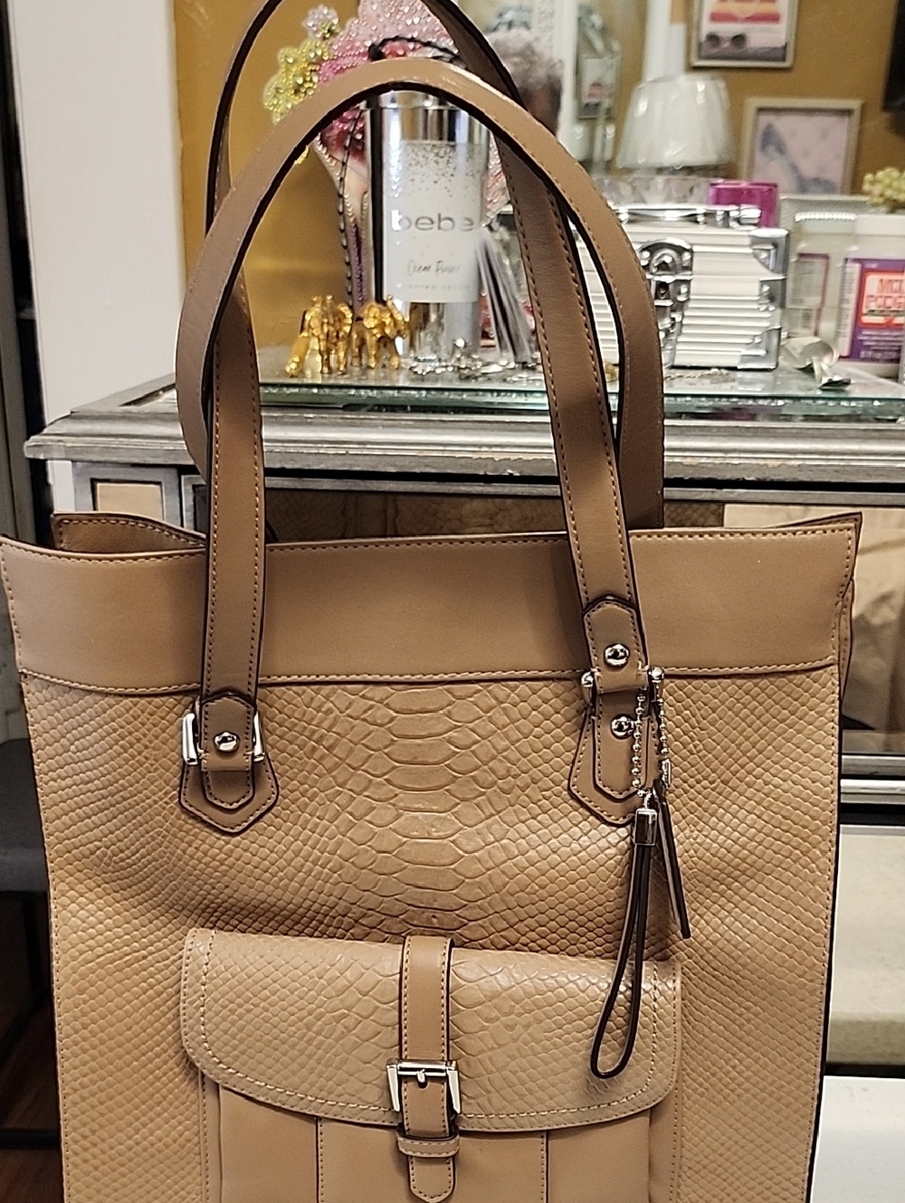Classic Tan Textured Tote Bag with Front Pocket COACH
